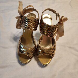 Gold Sequin Platform Heels with Rhinestone Studded Heels size 7 1/2